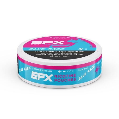 Can of EFX Blue Razz nicotine pouches with warning label.