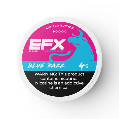 EFX Blue Razz nicotine pouches with a nicotine warning label.