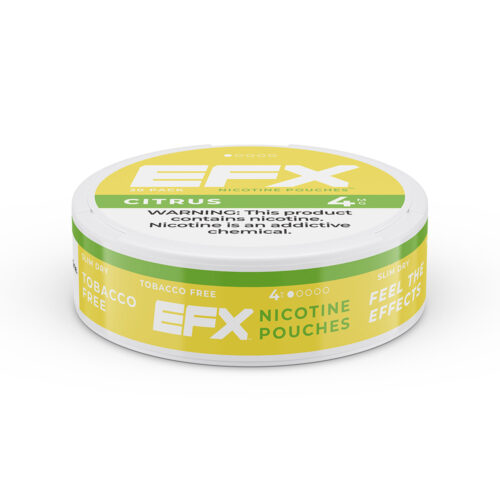 EFX Citrus nicotine pouches in a yellow and white container, tobacco-free.