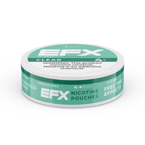 A round can of EFX nicotine pouches, tobacco-free with clear flavor.