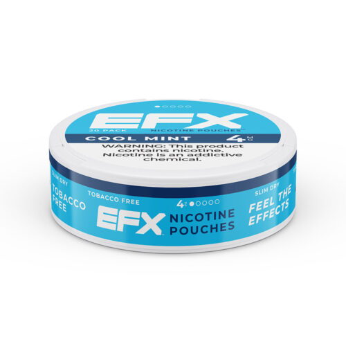 A blue can of EFX Cool Mint nicotine pouches, tobacco-free and slim dry.
