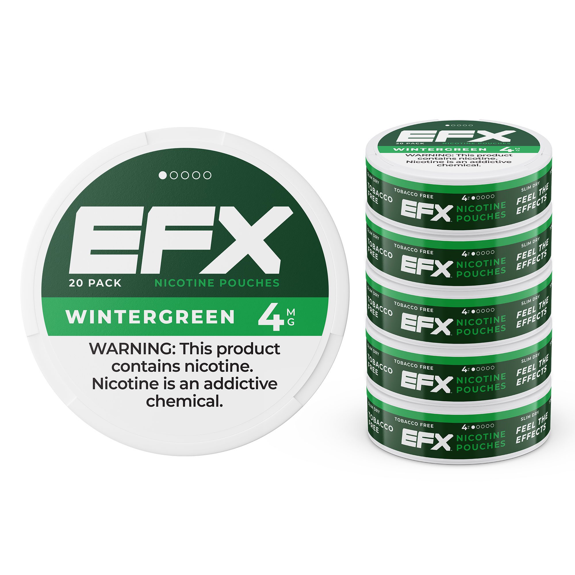 A stack of five efx nicotine pouches.
