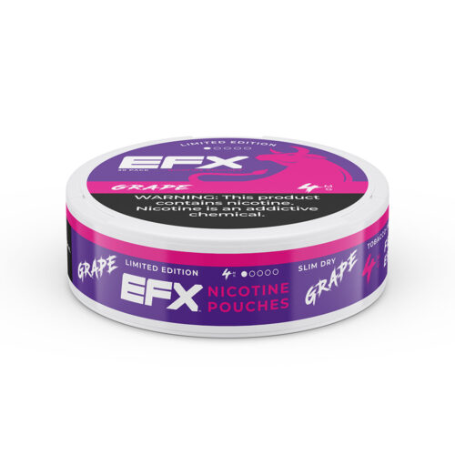 Can of EFX grape-flavored nicotine pouches with warning label.