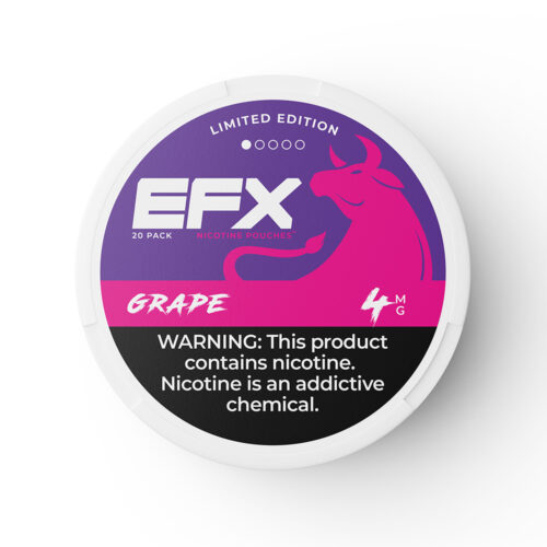 EFX grape-flavored nicotine pouches with a warning label.