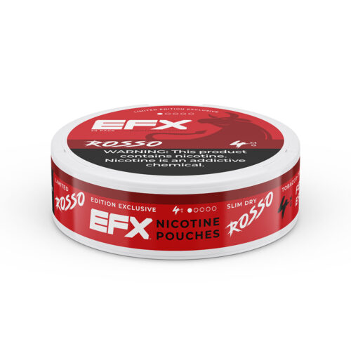Round red and white can of EFX nicotine pouches labeled Rosso.