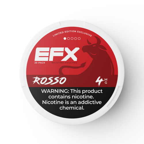 EFX Rosso nicotine pouches in a red and black container with a bull graphic.