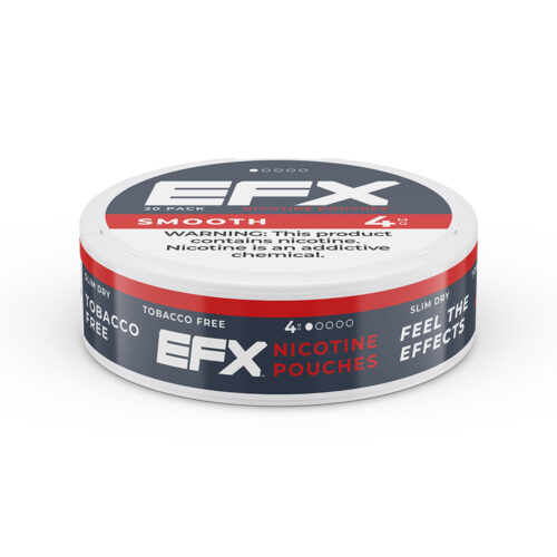 A round can of EFX nicotine pouches, tobacco-free and labeled smooth.
