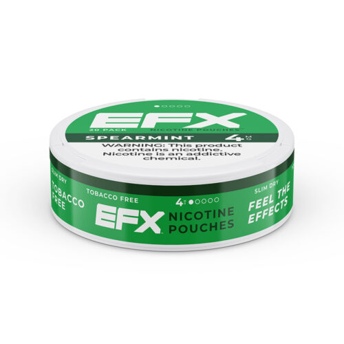 EFX Spearmint nicotine pouches in a round green and white container.
