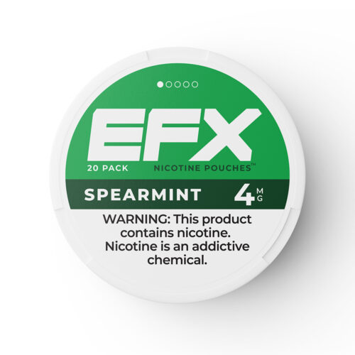 EFX spearmint nicotine pouches container with warning label.