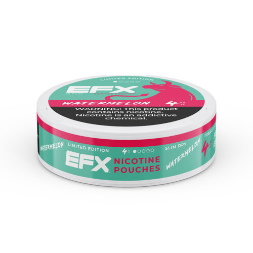Tin of EFX Watermelon Nicotine Pouches with warning label.