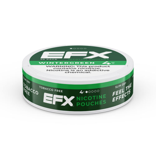 EFX Wintergreen nicotine pouches in a green and white container.