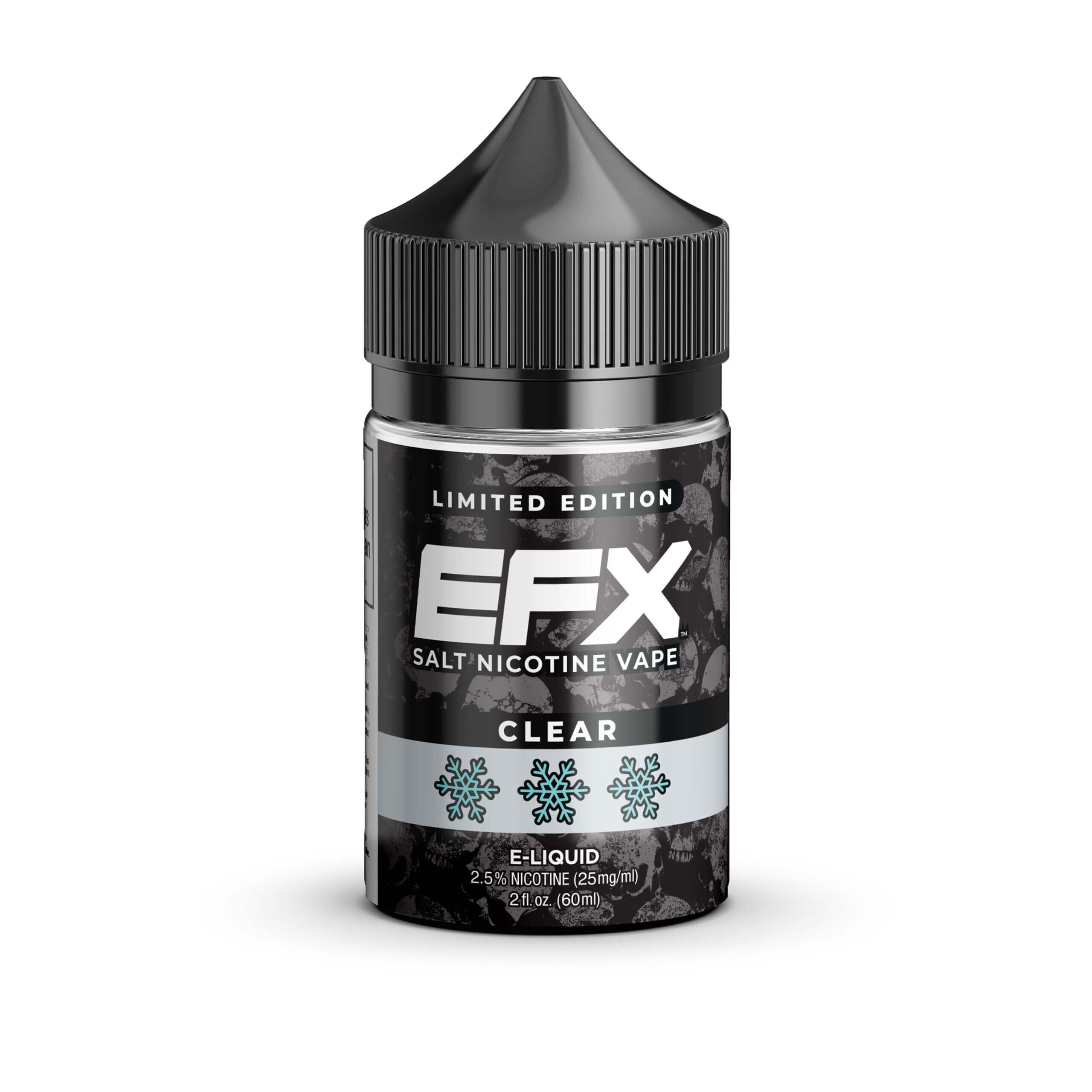 EFX LIQUID 6 Black bottle of EFX salt nicotine vape liquid labeled "Clear" with snowflake icons.