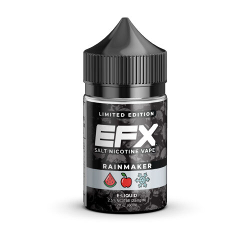 EFX LIQUID 9 Limited edition EFX salt nicotine vape in Rainmaker flavor with watermelon, apple, and ice icons.