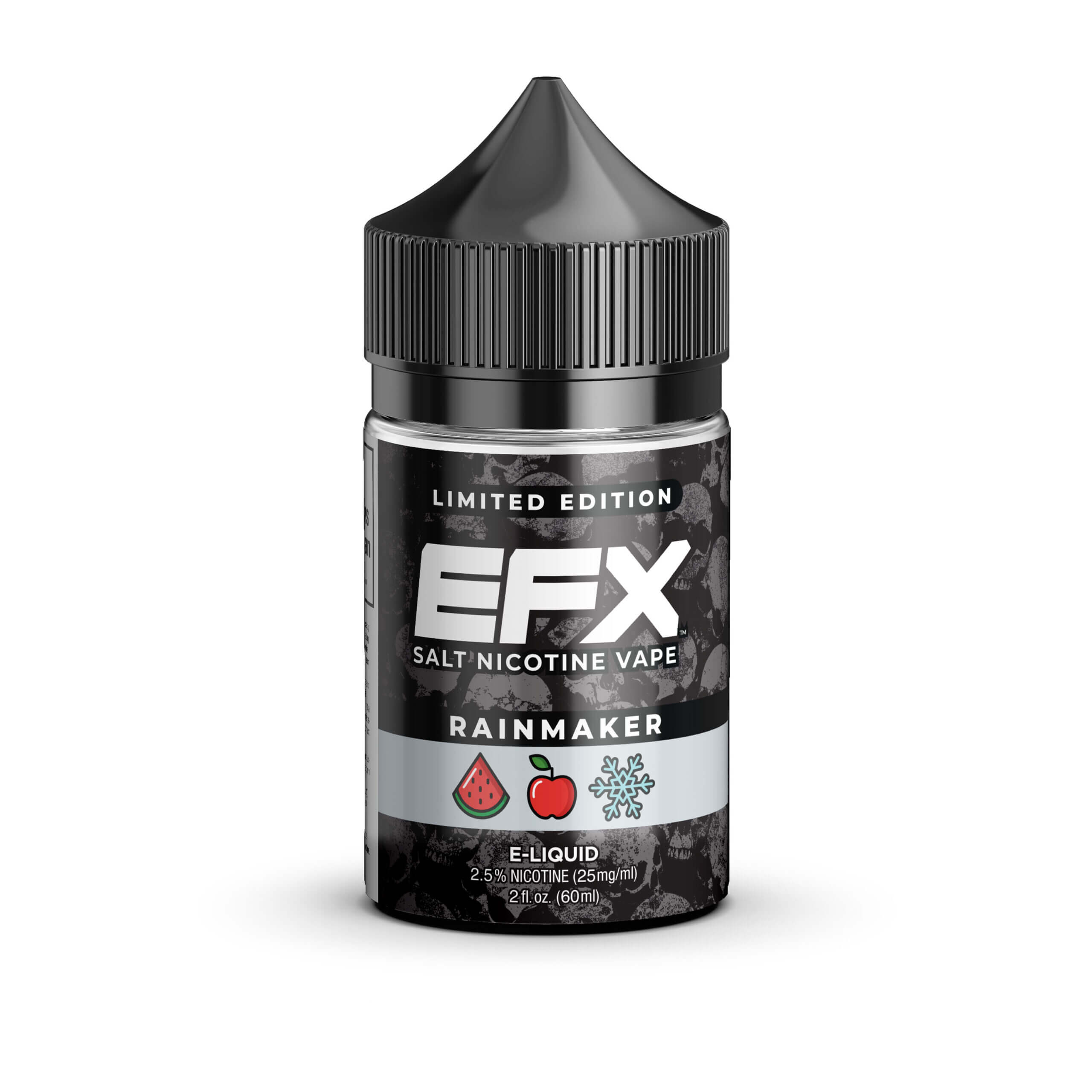 EFX LIQUID 3 Limited edition EFX salt nicotine vape in Rainmaker flavor with watermelon, apple, and ice icons.