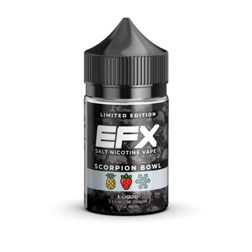 EFX LIQUID 8 Bottle of EFX Scorpion Bowl salt nicotine vape e-liquid with pineapple, strawberry, and mint flavors.