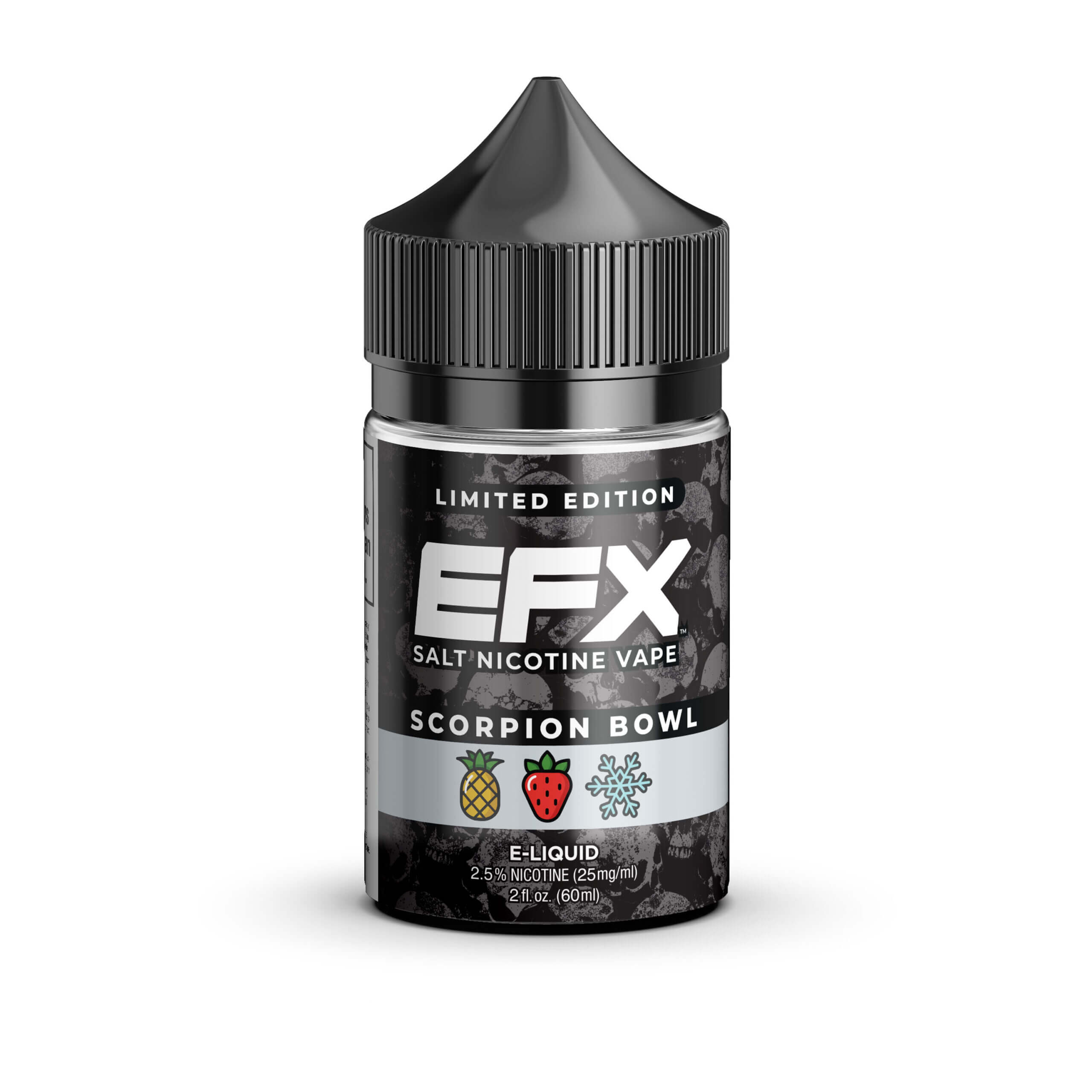 EFX LIQUID 2 Bottle of EFX Scorpion Bowl salt nicotine vape e-liquid with pineapple, strawberry, and mint flavors.