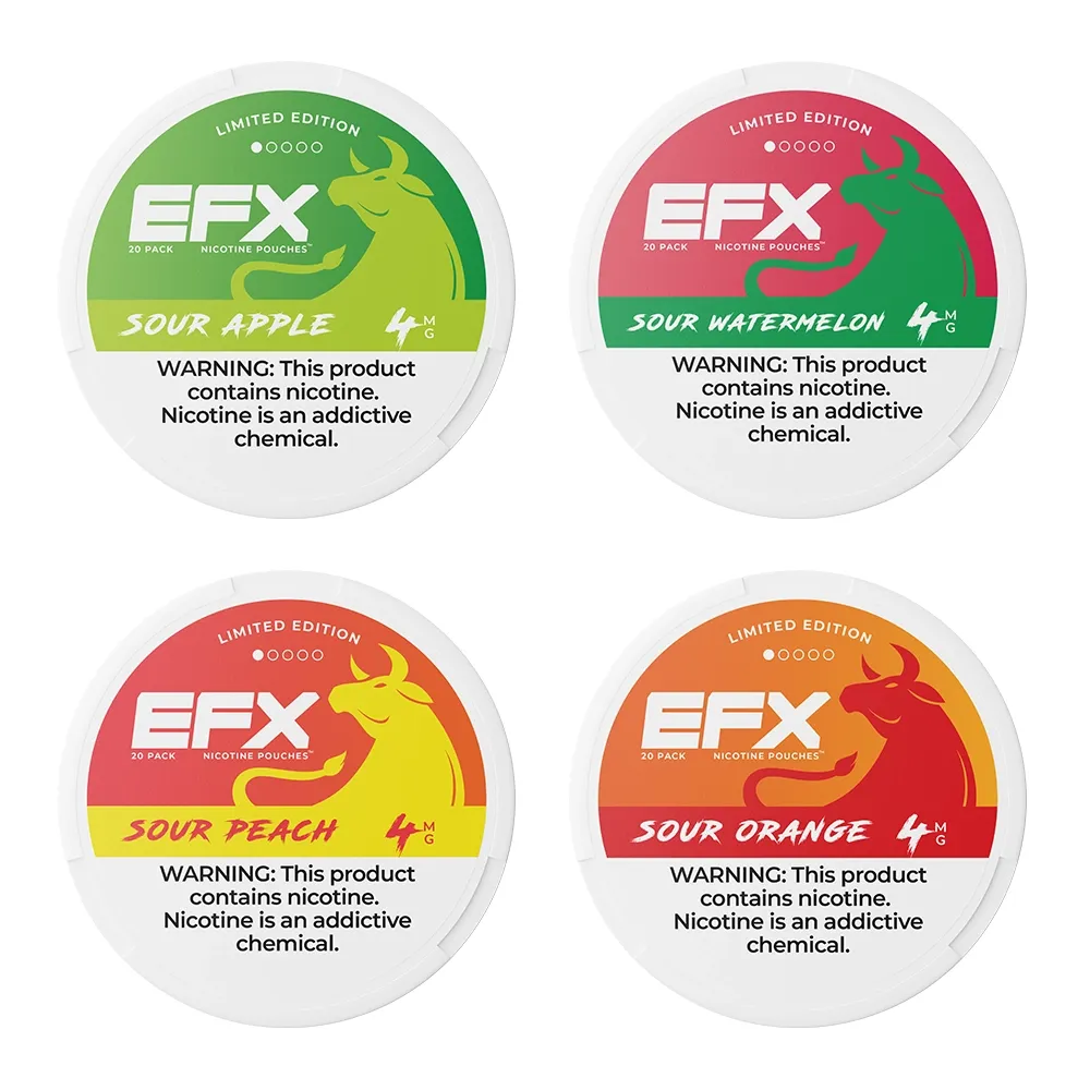 EFX Sour Series tins: Sour Apple, Sour Watermelon, Sour Peach, Sour Orange