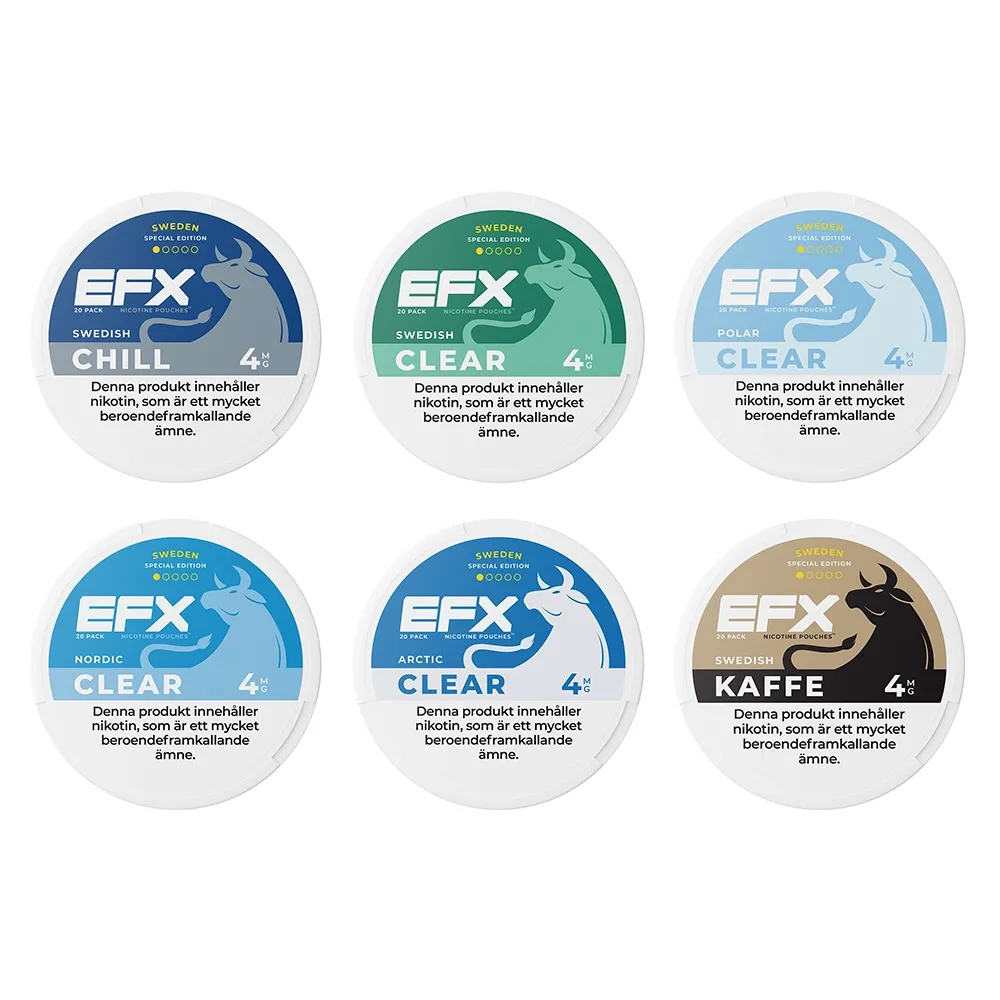 EFX Swedish Series tins: Chill, Clear, Polar Clear, Nordic Clear, Arctic Clear, Kaffe